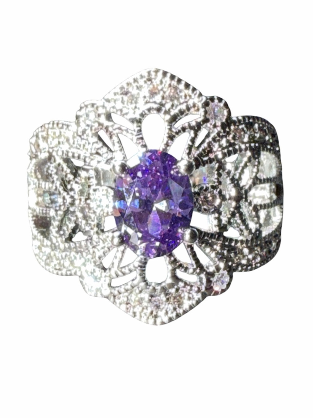 Sterling Silver Filigree Ring with Purple Center Stone